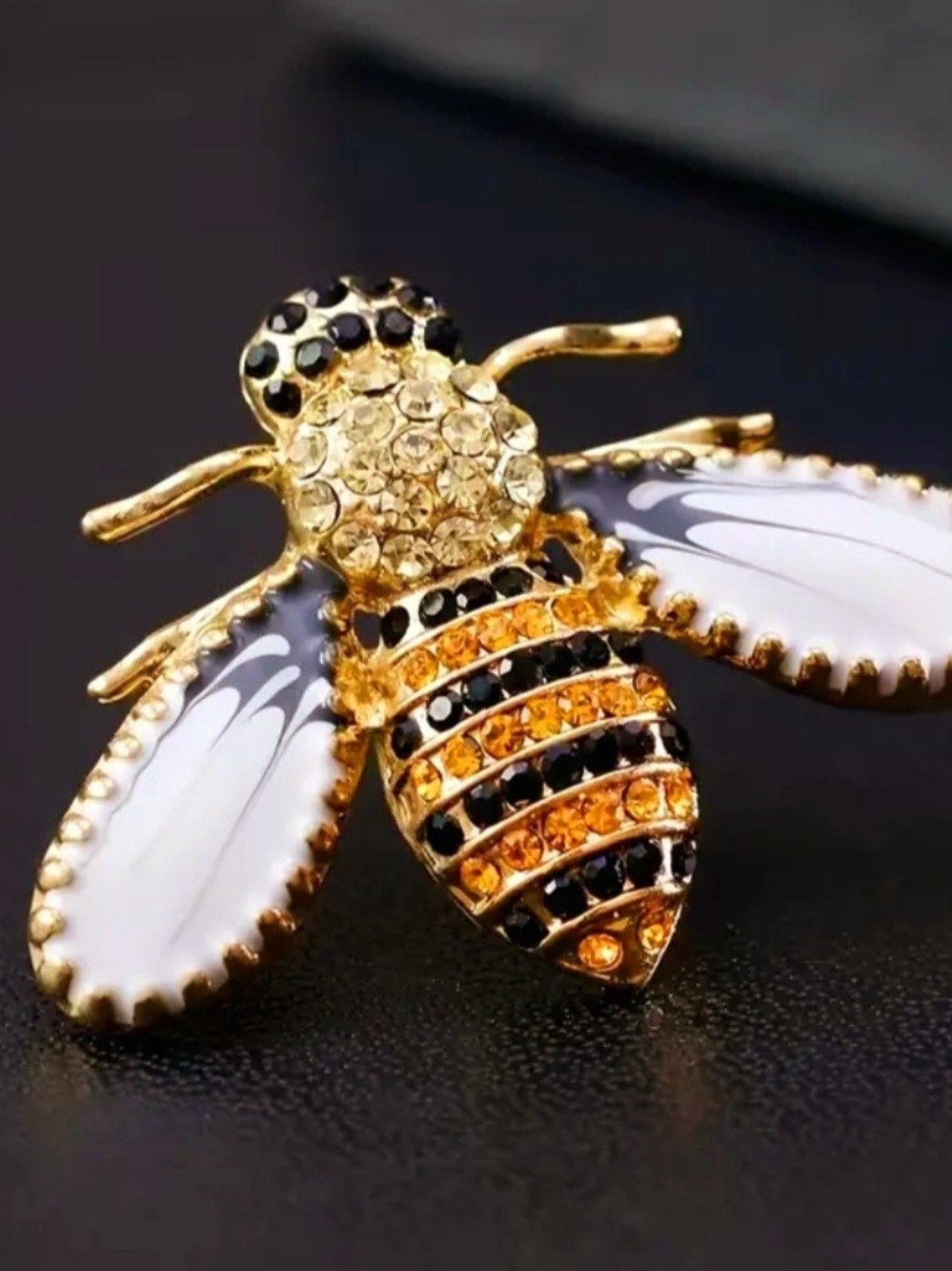 Gold Bee Brooch with White Enamel Wings